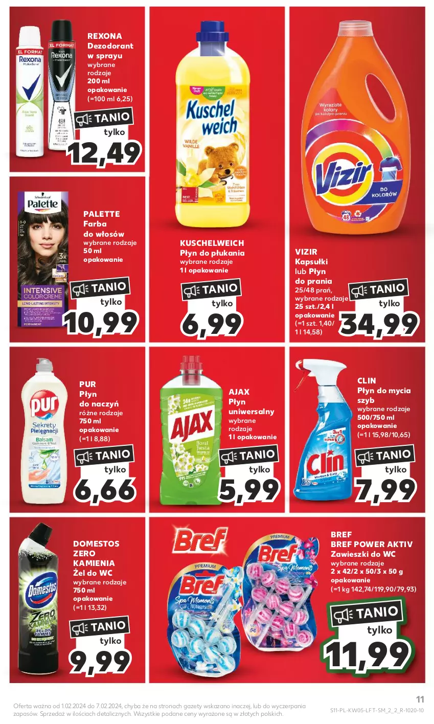 Gazetka promocyjna Kaufland - Gazetka tygodnia - ważna 01.02 do 07.02.2024 - strona 11 - produkty: Ajax, Bref, Clin, Dezodorant, Domestos, Fa, Farba do włosów, Palette, Płyn do mycia, Płyn do płukania, Płyn do prania, Pur, Rexona, Vizir, Zawieszki