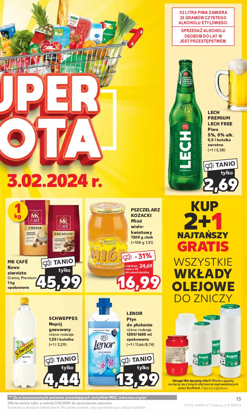 Gazetka promocyjna Kaufland - Gazetka tygodnia - ważna 01.02 do 07.02.2024 - strona 15 - produkty: Gra, Kawa, Kawa ziarnista, Lech Premium, Lenor, Miód, Napój, Napój gazowany, Olej, Piwa, Piwo, Płyn do płukania, Schweppes, Waga, Znicz