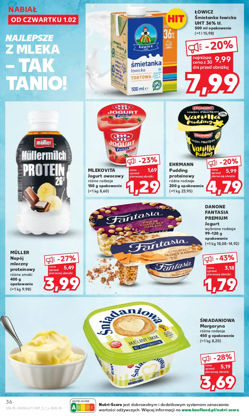 Gazetka promocyjna Kaufland - Gazetka tygodnia - ważna 01.02 do 07.02.2024 - strona 36 - produkty: Danio, Danone, Danone Fantasia, Fa, Fanta, Jogurt, Jogurt owocowy, Margaryna, Mleko, Mlekovita, Müller, Napój, Napój mleczny, Pudding