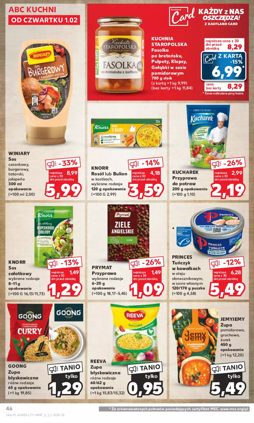 Gazetka promocyjna Kaufland - Gazetka tygodnia - ważna 01.02 do 07.02.2024 - strona 46 - produkty: Bulion, Burger, Fa, Groch, Kawa, Knorr, Kucharek, Kuchnia, Kuchnia Staropolska, Lion, Olej, Prymat, Przyprawa do potraw, Pulpety, Rosół, Sałat, Sos, Sos czosnkowy, Tuńczyk, Winiary, Zupa, Zupa pomidorowa