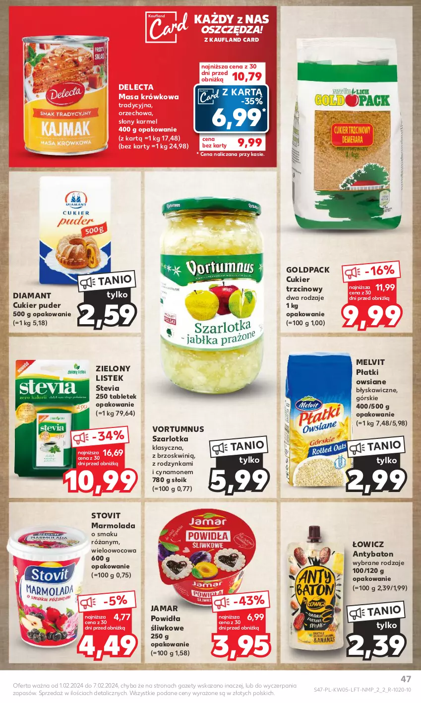 Gazetka promocyjna Kaufland - Gazetka tygodnia - ważna 01.02 do 07.02.2024 - strona 47 - produkty: Baton, Cukier, Cukier puder, Cukier trzcinowy, Delecta, Diamant, Marmolada, Masa krówkowa, Melvit, Mola, Płatki owsiane, Puder, Róża, Stek, Szarlotka, Tablet