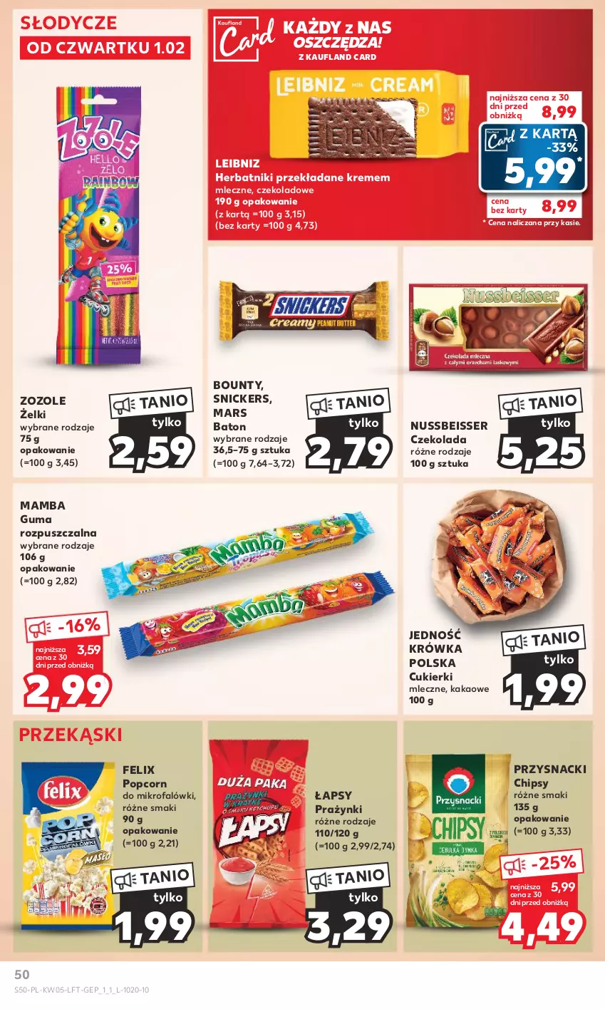 Gazetka promocyjna Kaufland - Gazetka tygodnia - ważna 01.02 do 07.02.2024 - strona 50 - produkty: Baton, Bounty, Chipsy, Cukier, Cukierki, Czekolada, Fa, Felix, Guma rozpuszczalna, Herbatniki, Kakao, Mamba, Mars, Popcorn, Przysnacki, Ser, Snickers