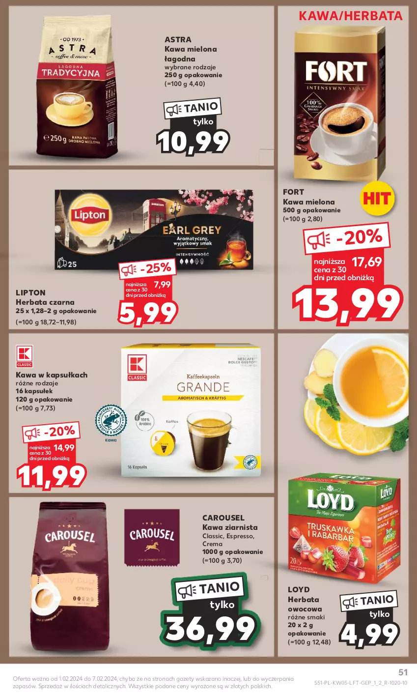 Gazetka promocyjna Kaufland - Gazetka tygodnia - ważna 01.02 do 07.02.2024 - strona 51 - produkty: Herbata, Herbata czarna, Herbata owocowa, Kawa, Kawa mielona, Kawa ziarnista, Lipton, Loyd