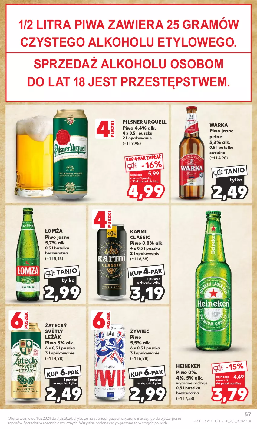 Gazetka promocyjna Kaufland - Gazetka tygodnia - ważna 01.02 do 07.02.2024 - strona 57 - produkty: Gra, Heineken, Karmi, Pilsner Urquell, Piwa, Piwo, Piwo jasne, Warka