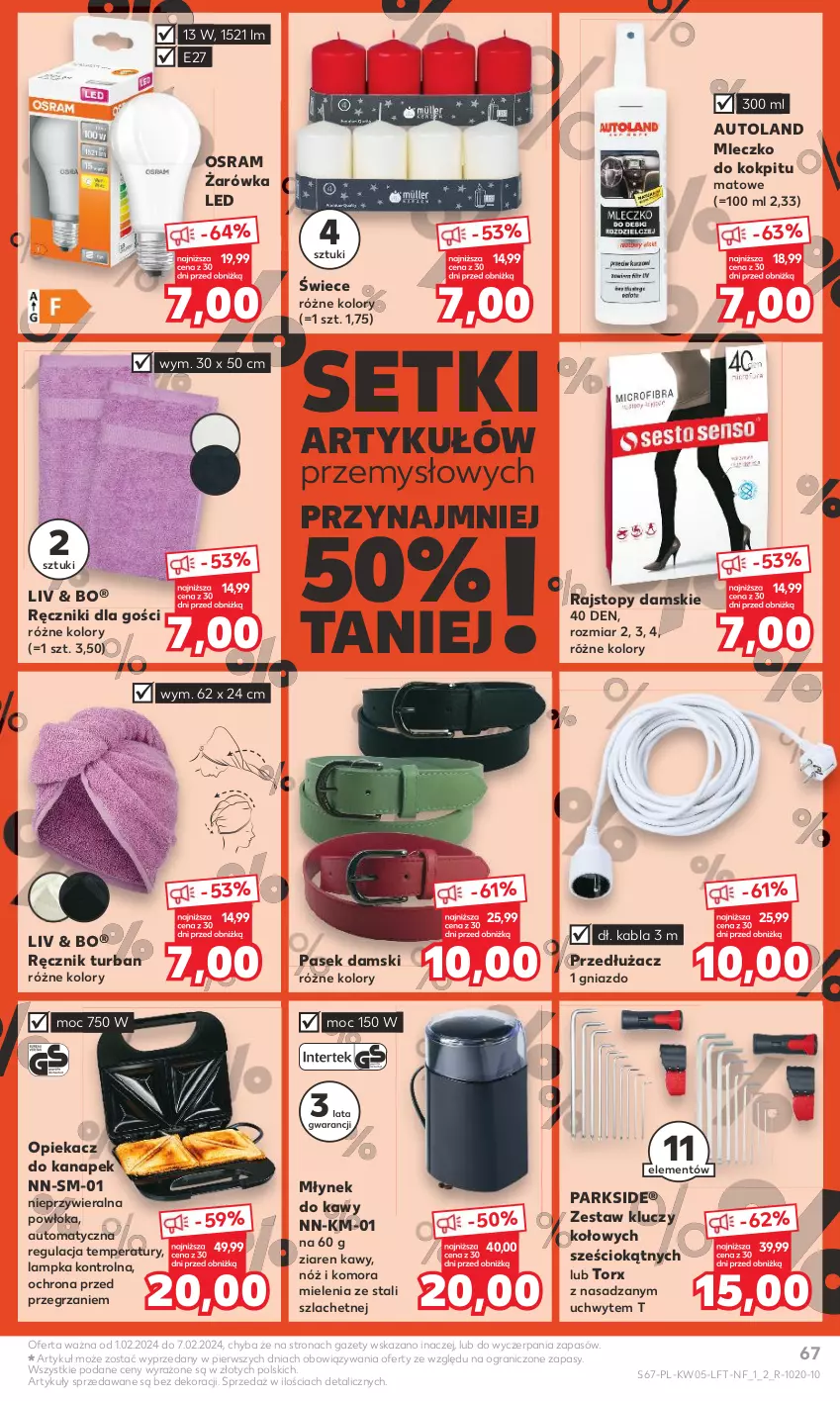 Gazetka promocyjna Kaufland - Gazetka tygodnia - ważna 01.02 do 07.02.2024 - strona 67 - produkty: Gra, Mleczko, Młynek, Młynek do kawy, Opiekacz do kanapek, Parkside, Pasek, Pasek damski, Rajstopy, Ręcznik, Top, Zestaw kluczy