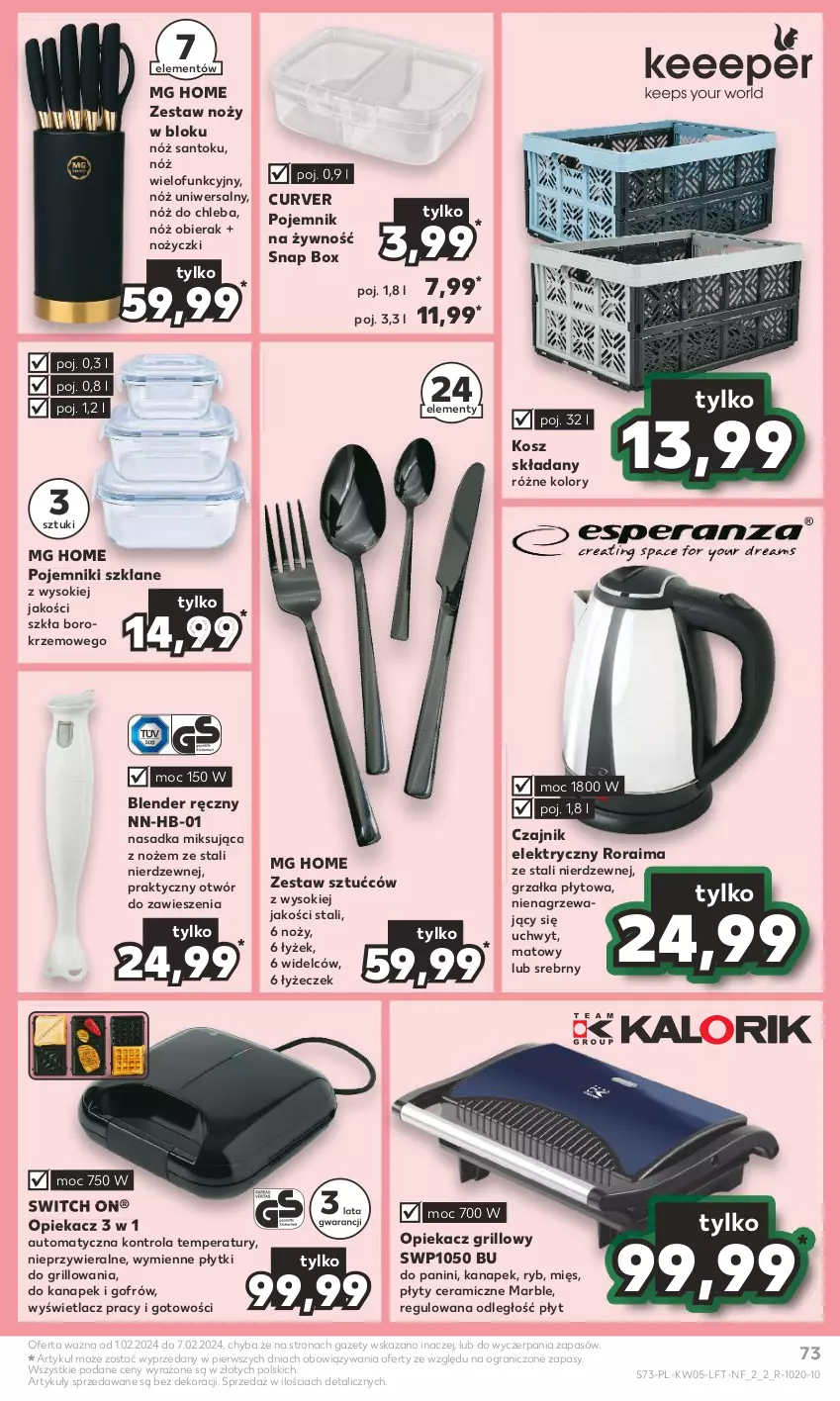 Gazetka promocyjna Kaufland - Gazetka tygodnia - ważna 01.02 do 07.02.2024 - strona 73 - produkty: Blender, Blender ręczny, Chleb, Czajnik, Czajnik elektryczny, Gra, Grill, Grzałka, Kosz, Noż, Nóż do chleba, Nóż uniwersalny, Nożyczki, Pojemnik, Sok, Zestaw sztućców