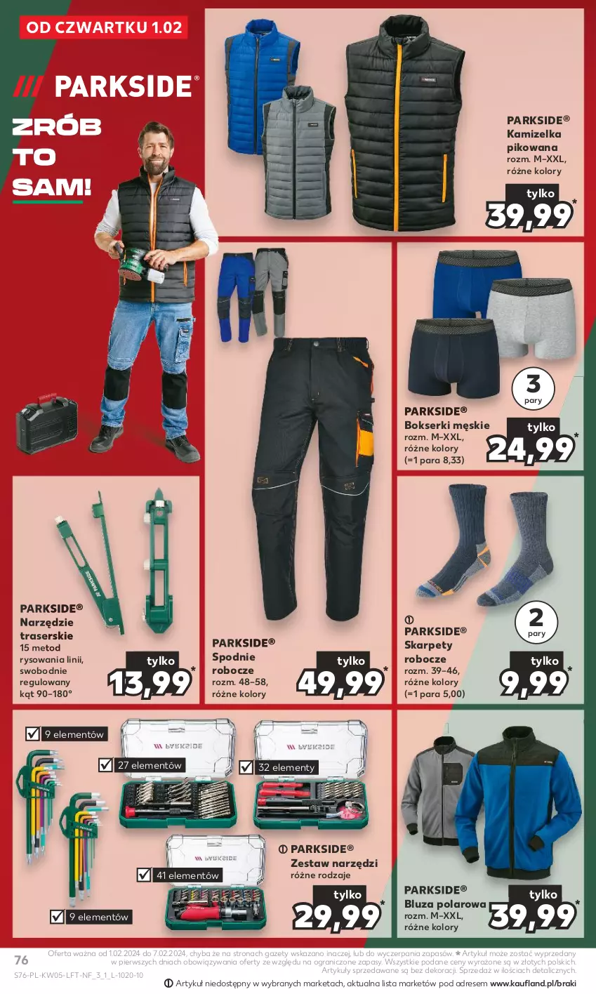 Gazetka promocyjna Kaufland - Gazetka tygodnia - ważna 01.02 do 07.02.2024 - strona 76 - produkty: Bluza, Bluza polarowa, Bokserki, Dres, Gra, Kamizelka, Karp, Parkside, Ser, Spodnie, Zestaw narzędzi