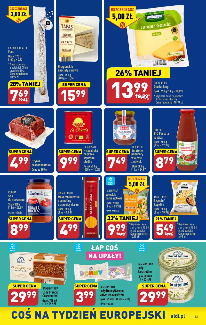 Gazetka promocyjna Aldi - Pełen katalog - ważna 15.05 do 20.05.2023 - strona 13 - produkty: Burger, Danie gotowe, Gouda, Hofburger, Kopytka, Lody, Makaron, Papryka, Papryka wędzona, Pomidory, Rum, Rust, Ser, Sos, Sos do makaronu, Szynka, Tran