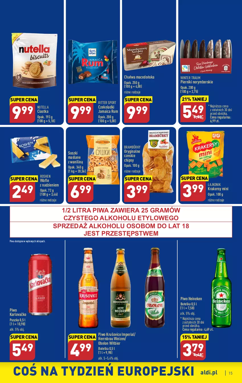 Gazetka promocyjna Aldi - Pełen katalog - ważna 15.05 do 20.05.2023 - strona 15 - produkty: Chałwa, Chipsy, Ciastka, Gin, Gra, Heineken, Krakersy, Lajkonik, Nutella, Piernik, Piwa, Piwo, Por, Ritter Sport, Rum, Sport, Wafle