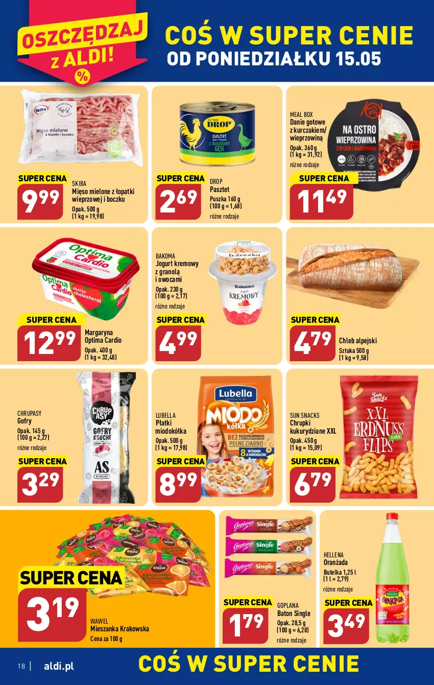 Gazetka promocyjna Aldi - Pełen katalog - ważna 15.05 do 20.05.2023 - strona 18 - produkty: Bakoma, Baton, Bell, Bella, Chleb, Chrupki, Danie gotowe, Gofry, Goplana, Gra, Hellena, Jogurt, Kurczak, LANA, Lubella, Margaryna, Mięso, Mięso mielone, Mięso mielone z łopatki wieprzowej, Optima, Optima Cardio, Oranżada, Pasztet, Wawel