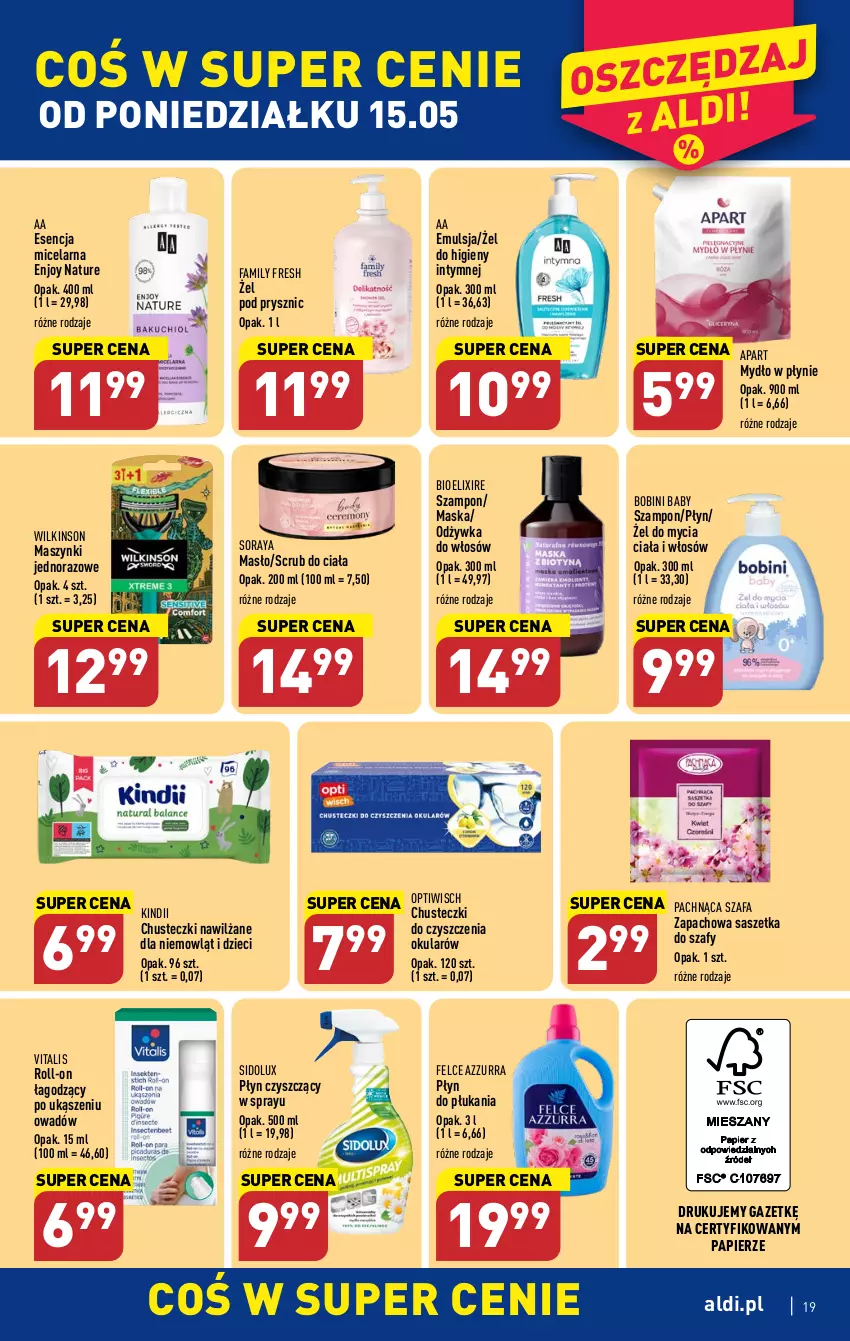 Gazetka promocyjna Aldi - Pełen katalog - ważna 15.05 do 20.05.2023 - strona 19 - produkty: Chusteczki, Chusteczki do czyszczenia, Dzieci, Emulsja, Fa, Kindii, Maska, Masło, Mydło, Mydło w płynie, Odżywka, Papier, Płyn do płukania, Sidolux, Szafa, Szampon