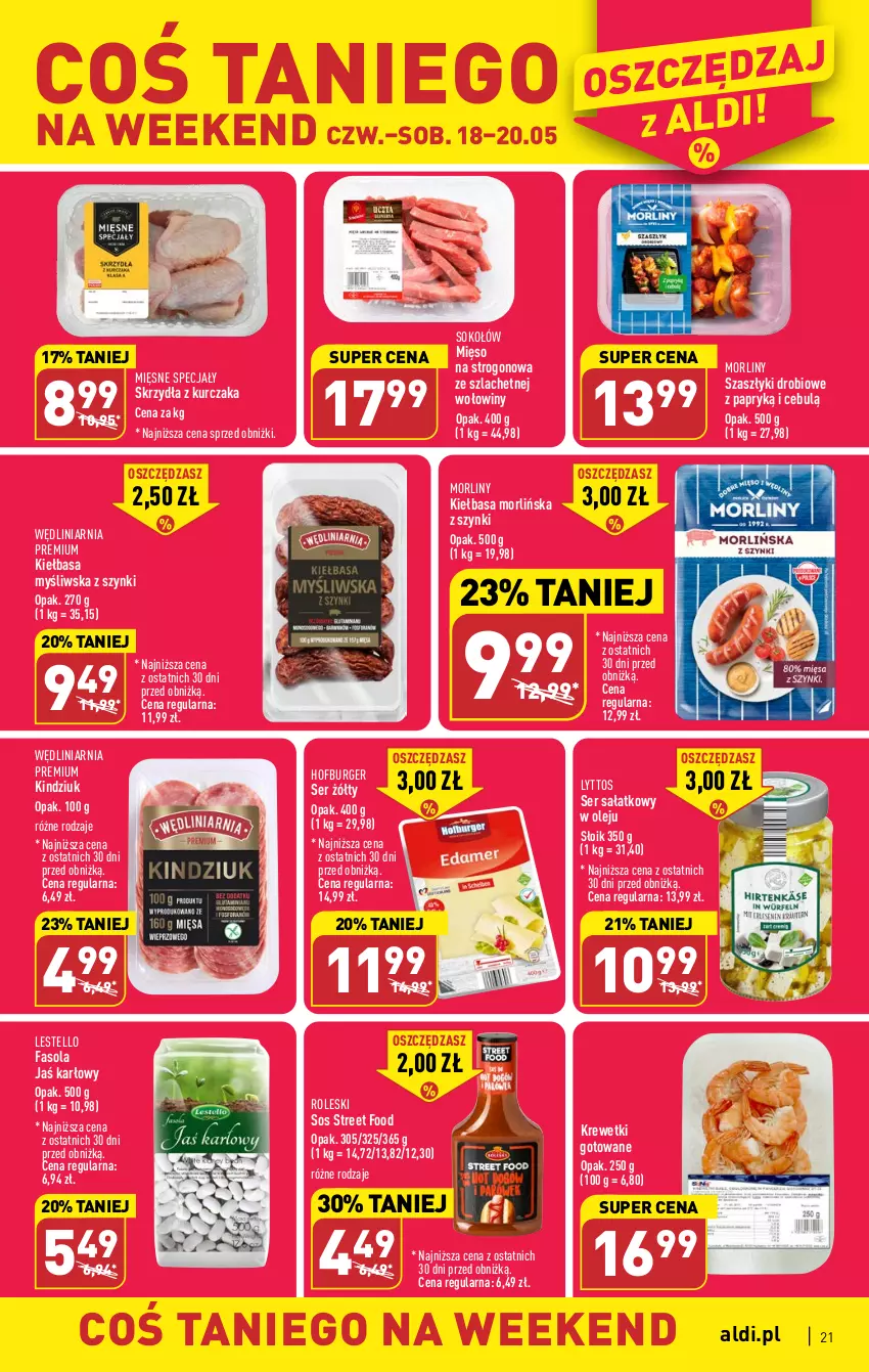 Gazetka promocyjna Aldi - Pełen katalog - ważna 15.05 do 20.05.2023 - strona 21 - produkty: Burger, Fa, Fasola, Hofburger, Kiełbasa, Kindziuk, Krewetki, Kurczak, Mięsne specjały, Mięso, Morliny, Olej, Sałat, Ser, Sok, Sokołów, Sos