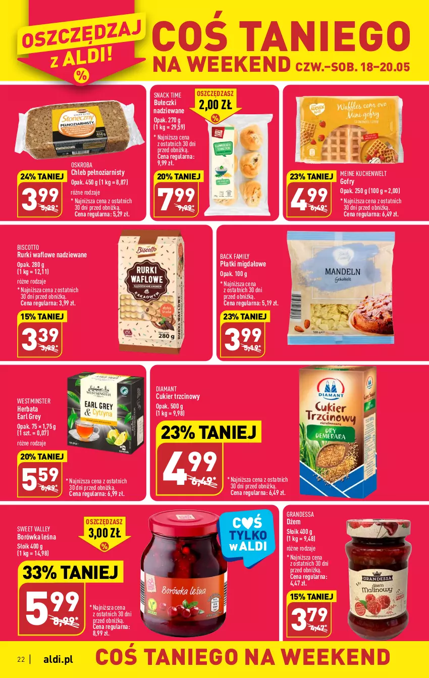 Gazetka promocyjna Aldi - Pełen katalog - ważna 15.05 do 20.05.2023 - strona 22 - produkty: Borówka, Bułeczki, Chleb, Cukier, Cukier trzcinowy, Diamant, Dżem, Earl Grey, Fa, Gofry, Gra, Herbata, Rurki