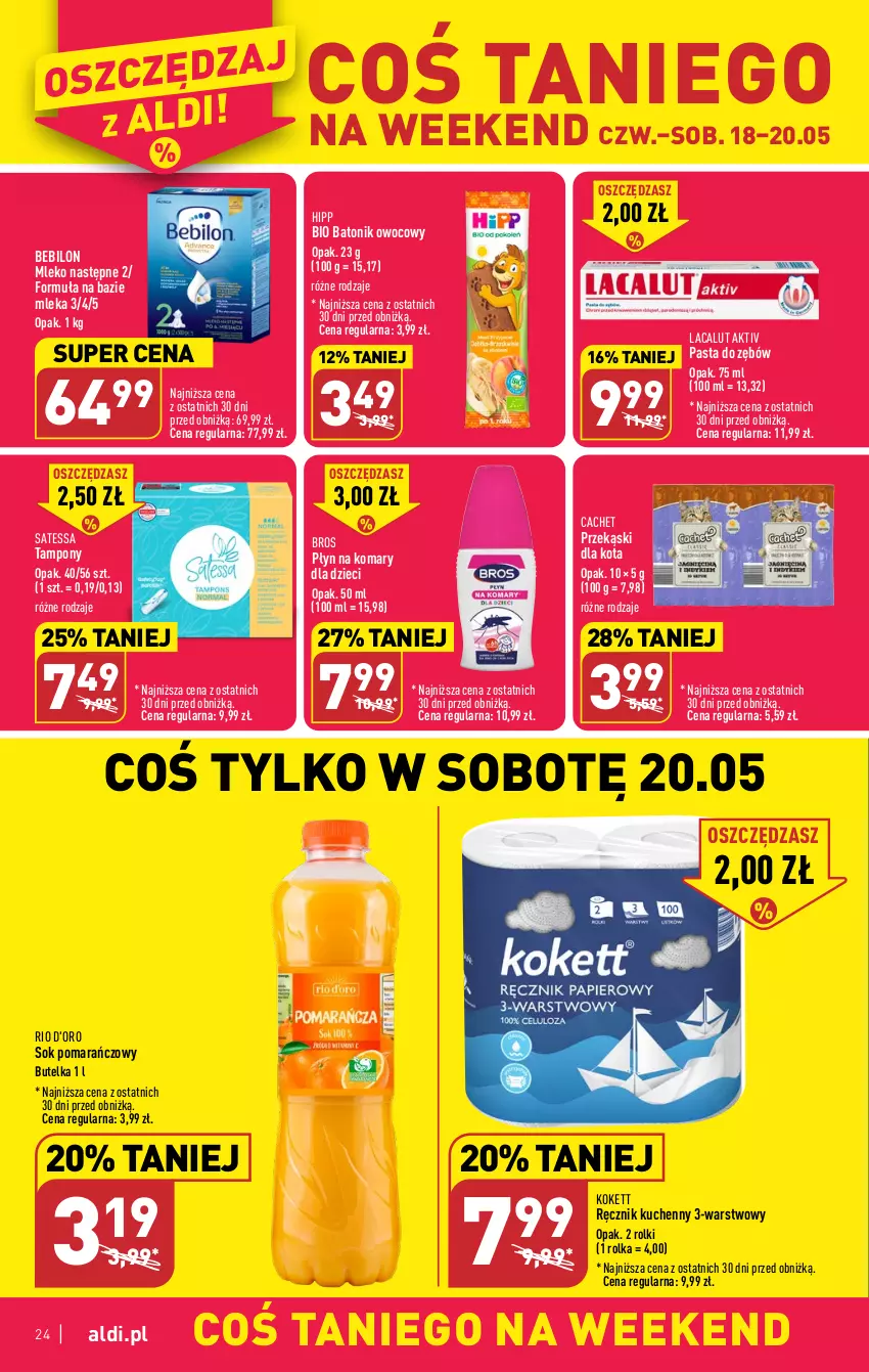 Gazetka promocyjna Aldi - Pełen katalog - ważna 15.05 do 20.05.2023 - strona 24 - produkty: Baton, BEBILON, Bio Batonik, Dzieci, HiPP, Hipp Bio, Lacalut, Mleko, O nas, Pasta do zębów, Przekąski dla kota, Ręcznik, Ręcznik kuchenny, Rolki, Sok, Sok pomarańczowy, Tampony, Tonik