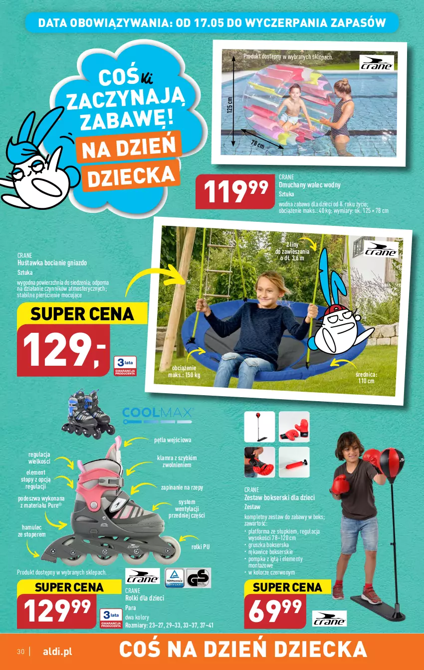 Gazetka promocyjna Aldi - Pełen katalog - ważna 15.05 do 20.05.2023 - strona 30 - produkty: Dzieci, Huśtawka, Mule, Pompka, Por, Pur, Rękawice, Rolki, Ser, Sok, Top, Zestaw bokserski