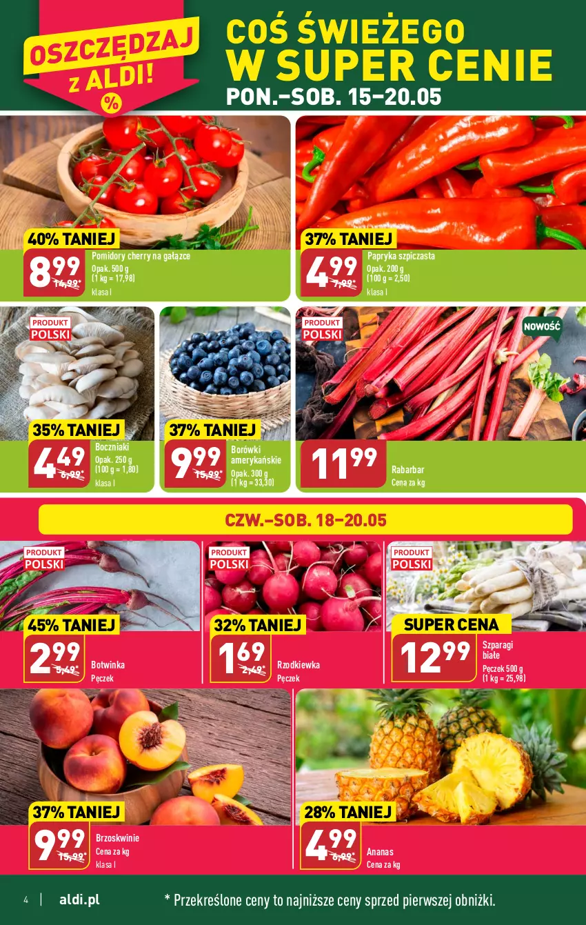 Gazetka promocyjna Aldi - Pełen katalog - ważna 15.05 do 20.05.2023 - strona 4 - produkty: Ananas, Boczniak, Brzoskwinie, Inka, Papryka, Pomidory, Rzodkiewka, Szpic