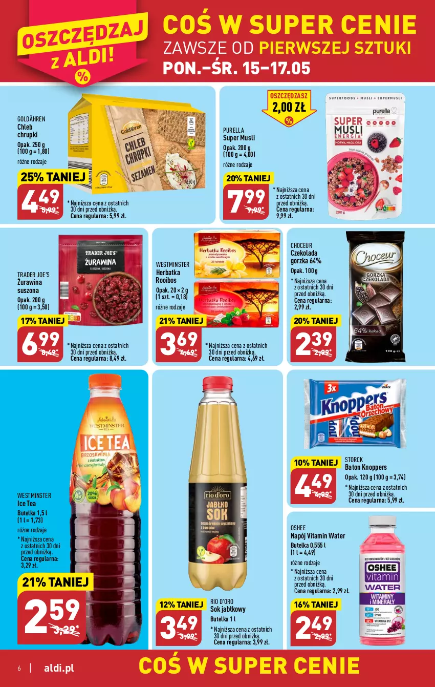 Gazetka promocyjna Aldi - Pełen katalog - ważna 15.05 do 20.05.2023 - strona 6 - produkty: Baton, Chleb, Chrupki, Czekolada, Czekolada gorzka, Ice tea, Knoppers, Mus, Napój, Oshee, Pur, Sok, Sok jabłkowy