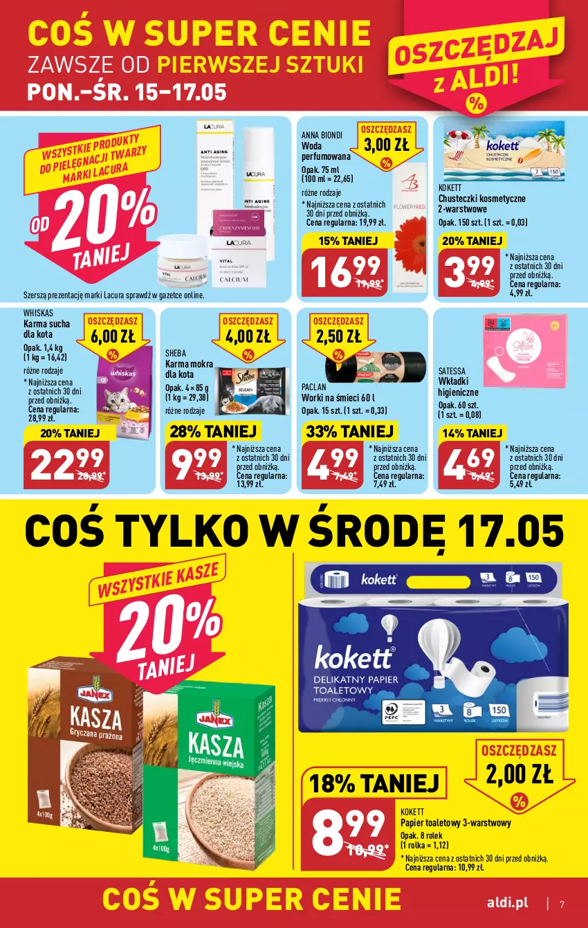 Gazetka promocyjna Aldi - Pełen katalog - ważna 15.05 do 20.05.2023 - strona 7 - produkty: Chusteczki, Chusteczki kosmetyczne, Papier, Papier toaletowy, Perfum, Sheba, Whiskas, Wkładki, Woda, Woda perfumowana, Worki na śmiec, Worki na śmieci