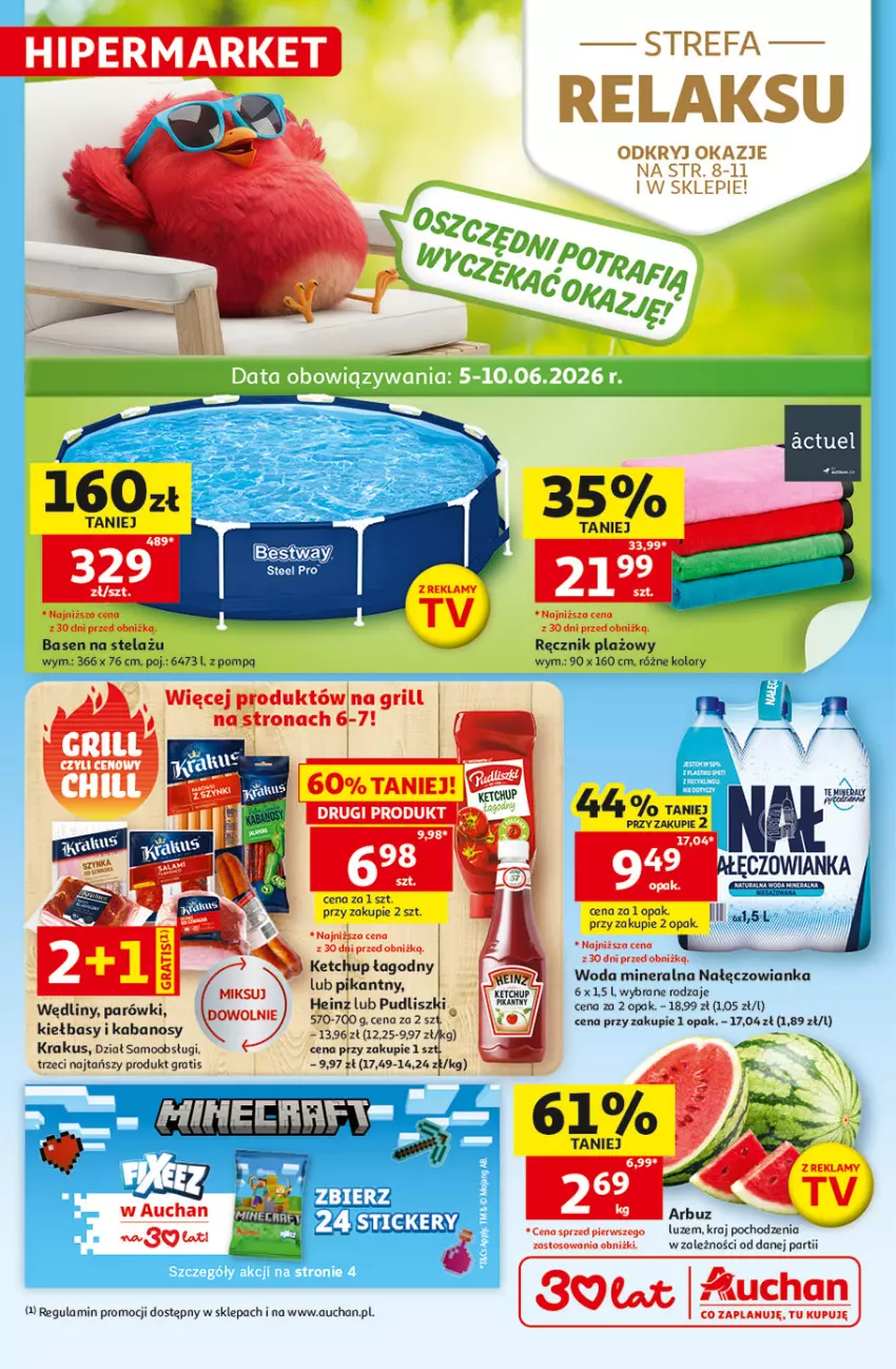 Gazetka promocyjna Auchan - Gazetka 30 Lat Hipermarkett Auchan - ważna 05.06 do 10.06.2026 - strona 1 - produkty: Arbuz, Fa, Gin, Gra, Grill, Kabanos, Ketchup, Krakus, Nałęczowianka, Parówki, Ręcznik, Woda, Woda mineralna