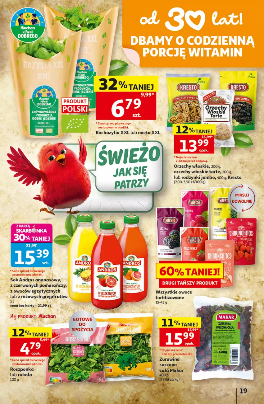 Gazetka promocyjna Auchan - Gazetka 30 Lat Hipermarkett Auchan - ważna 05.06 do 10.06.2026 - strona 19 - produkty: Ananas, Bazyl, Bazylia, Grejpfrut, Mięta, Orzechy włoskie, Owoce, Rodzynki, Roszponka, Rukola, Sok