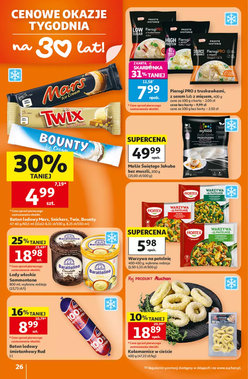 Gazetka promocyjna Auchan - Gazetka 30 Lat Hipermarkett Auchan - ważna 05.06 do 10.06.2026 - strona 26 - produkty: Baton, Iams, Lody, Małże, Mus, Pierogi, Ser, Warzywa, Warzywa na patelnie