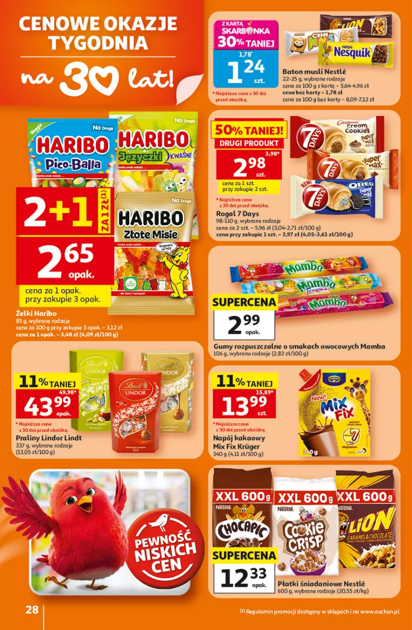 Gazetka promocyjna Auchan - Gazetka 30 Lat Hipermarkett Auchan - ważna 05.06 do 10.06.2026 - strona 28 - produkty: 7 Days, Baton, Danio, Haribo, Kakao, Lindor, Lindt, Mamba, Mus, Napój, Praliny, Rogal