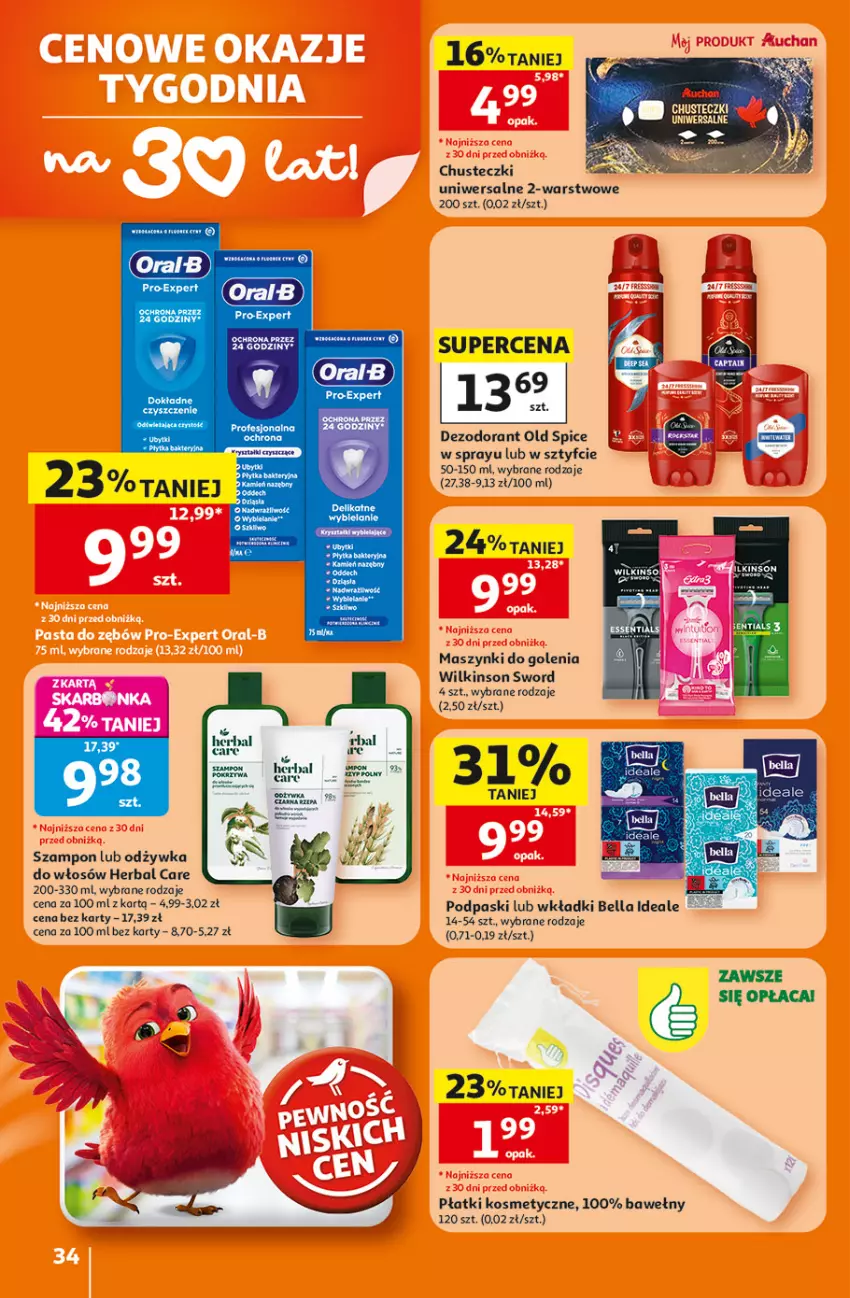 Gazetka promocyjna Auchan - Gazetka 30 Lat Hipermarkett Auchan - ważna 05.06 do 10.06.2026 - strona 34 - produkty: Bell, Bella, Chusteczki, Dezodorant, Odzywka do włosów, Old Spice, Płatki kosmetyczne, Płytka, Podpaski, Szampon, Wilkinson Sword, Wkładki