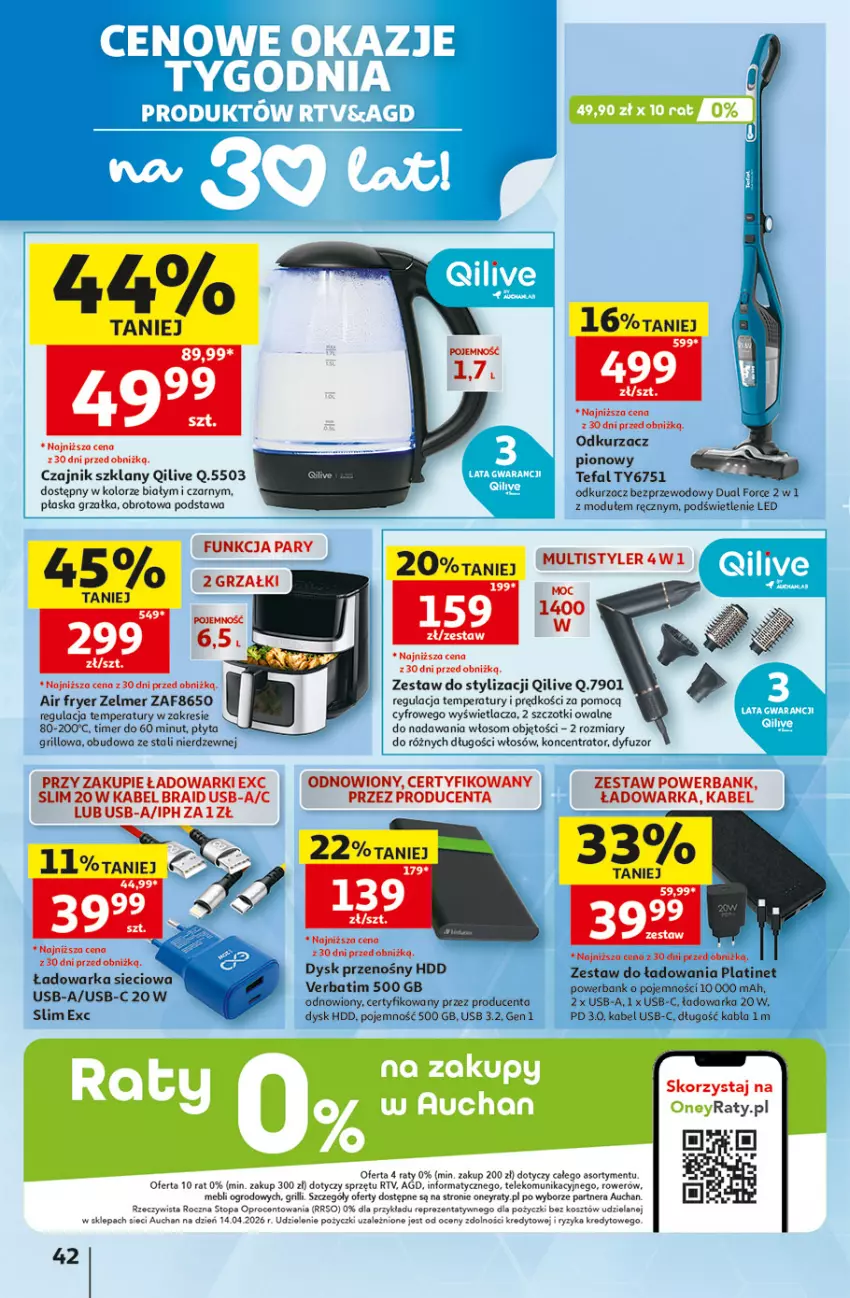Gazetka promocyjna Auchan - Gazetka 30 Lat Hipermarkett Auchan - ważna 05.06 do 10.06.2026 - strona 42 - produkty: Czajnik, Dysk przenośny, Fa, Grill, Grzałka, Kosz, LANA, Odkurzacz, Odkurzacz bezprzewodowy, PLATINET, Płyta, Powerbank, Rower, Tefal, Top, Warka, Zelmer