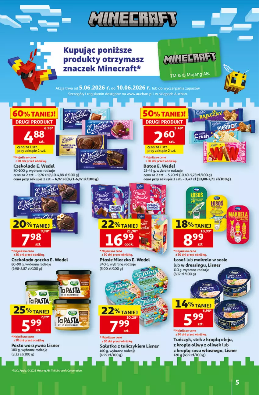 Gazetka promocyjna Auchan - Gazetka 30 Lat Hipermarkett Auchan - ważna 05.06 do 10.06.2026 - strona 5 - produkty: Baton, Czekolada, Czekolada gorzka, Dres, E. Wedel, Iams, LG, Lisner, Minecraft, Mleczko, Olej, Pasta warzywna, Ptasie mleczko, Sałat, Sałatka, Sos, Stek, Tuńczyk