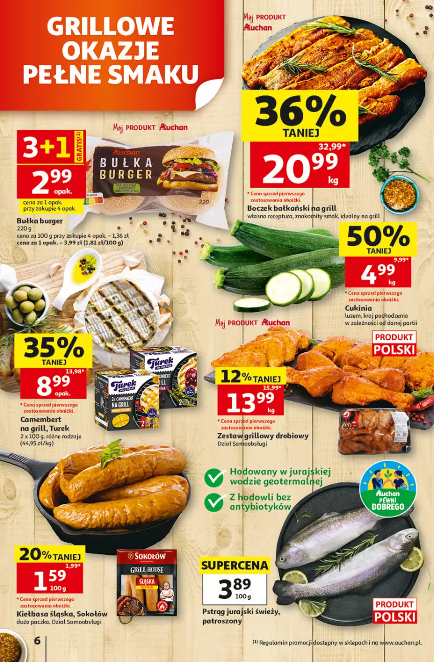 Gazetka promocyjna Auchan - Gazetka 30 Lat Hipermarkett Auchan - ważna 05.06 do 10.06.2026 - strona 6 - produkty: Boczek, Bułka, Burger, Camembert, Grill, Kiełbasa, Kiełbasa śląska, Pstrąg, Sok, Sokołów