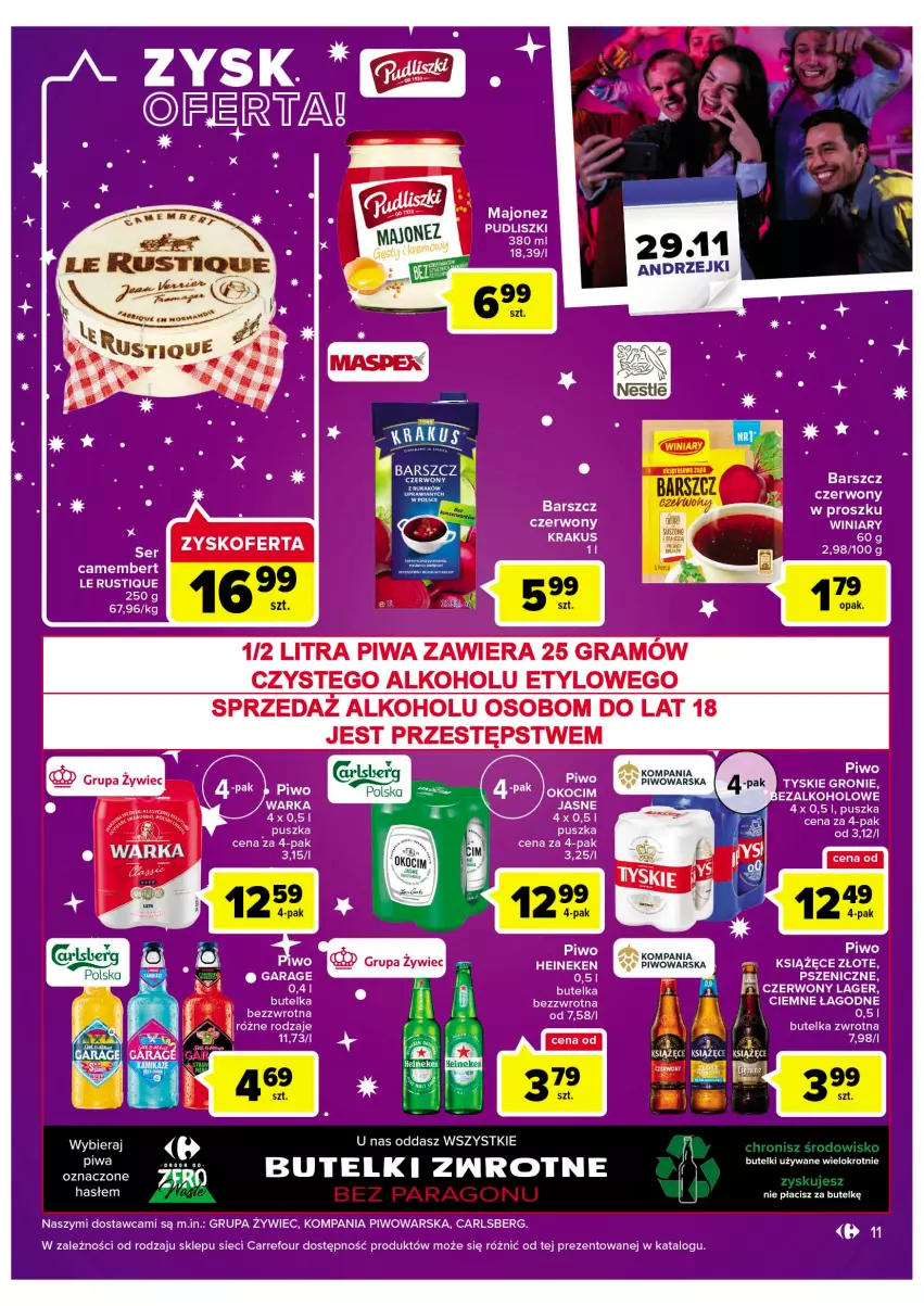 Gazetka promocyjna Carrefour - Gazetka Market - ważna 22.11 do 03.12.2022 - strona 13 - produkty: Camembert, Carlsberg, Gra, Heineken, Koc, Książęce, Majonez, Piwa, Piwo, Pudliszki, Rust, Tyskie, Winiary