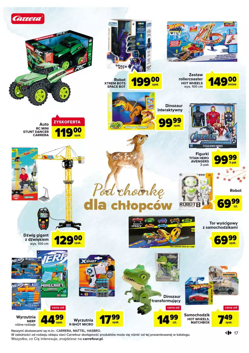 Gazetka promocyjna Carrefour - Gazetka Market - ważna 22.11 do 03.12.2022 - strona 19 - produkty: Avengers, Carrera, Chodzik, Dinozaur, Dźwig, Hasbro, Hi-Tec, Hot Wheels, Mattel, Nerf, O nas, Robot, Roller, Tera, Tor wyścigowy, Wyrzutnia