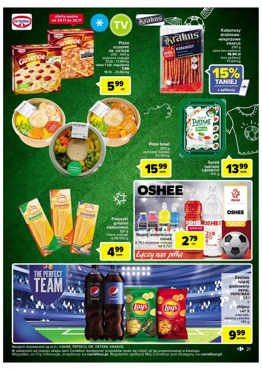 Gazetka promocyjna Carrefour - Gazetka Market - ważna 22.11 do 03.12.2022 - strona 23 - produkty: Chipsy, Dr. Oetker, Grissini, Kabanos, Krakus, Napój, Napój gazowany, Napój izotoniczny, Oshee, Papryka, Pepsi, Pepsi max, Pizza