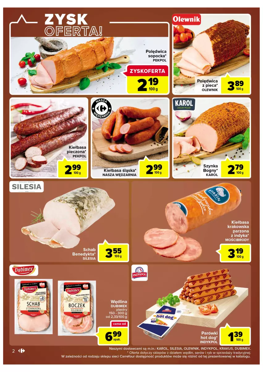 Gazetka promocyjna Carrefour - Gazetka Market - ważna 22.11 do 03.12.2022 - strona 4 - produkty: Hot dog, Kiełbasa, Kiełbasa śląska, Krakus, Olewnik, Parówki, Parówki hot dog, Pekpol, Piec, Polędwica, Ser, Wędlina