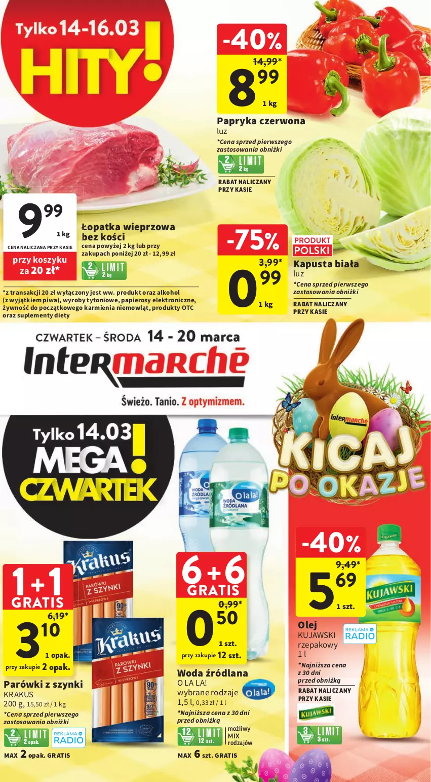 Gazetka promocyjna Intermarche - Gazetka Intermarche - ważna 14.03 do 20.03.2024 - strona 1 - produkty: Gra, Karmi, Kosz, Krakus, Kujawski, LANA, Olej, Papier, Papryka, Papryka czerwona, Parówki, Parówki z szynki, Piwa, Tran, Woda