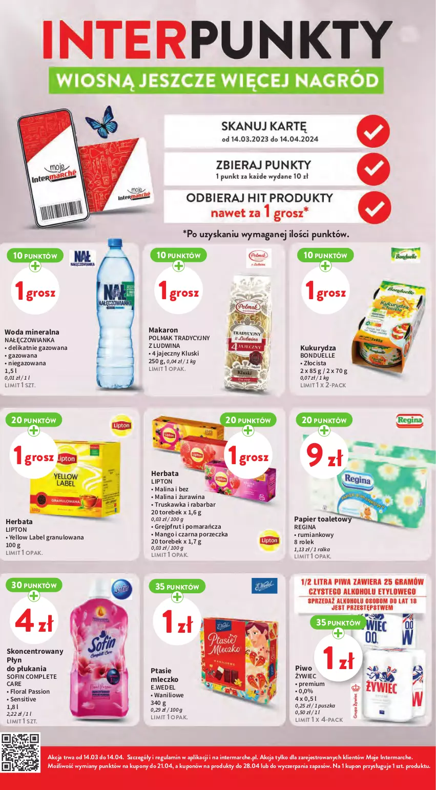 Gazetka promocyjna Intermarche - Gazetka Intermarche - ważna 14.03 do 20.03.2024 - strona 10 - produkty: Bonduelle, Flora, Gin, Gra, Grejpfrut, Herbata, Kukurydza, Lipton, Makaron, Mango, Mleczko, Nałęczowianka, Olma, Papier, Papier toaletowy, Piwo, Płyn do płukania, Por, Ptasie mleczko, Rum, Woda, Woda mineralna