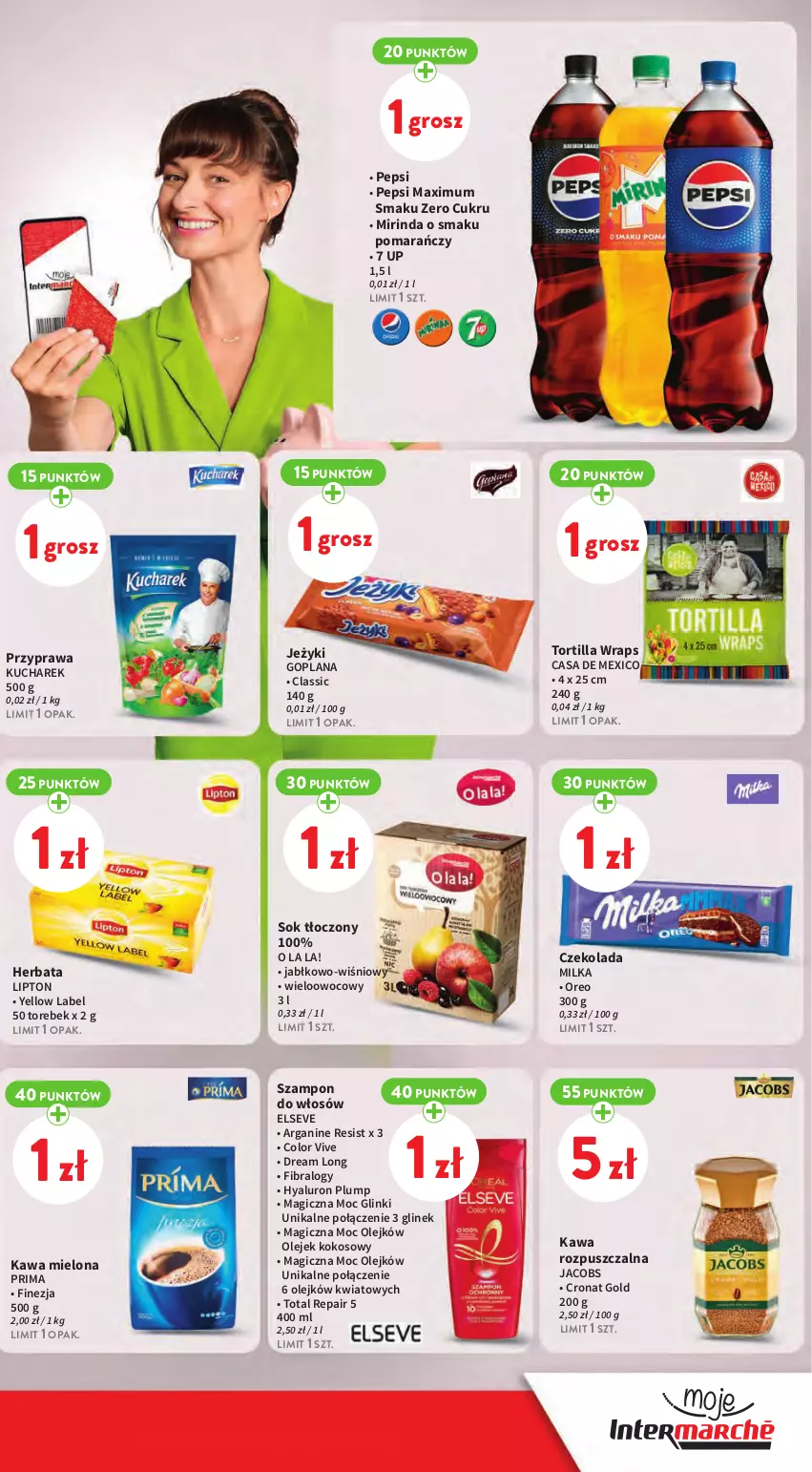 Gazetka promocyjna Intermarche - Gazetka Intermarche - ważna 14.03 do 20.03.2024 - strona 11 - produkty: Czekolada, Elseve, Goplana, Herbata, Jacobs, Jeżyki, Kawa, Kawa mielona, Kawa rozpuszczalna, Kokos, Kucharek, LANA, Lipton, Milka, Mirinda, Olej, Oreo, Pepsi, Pepsi max, Prima, Sok, Szampon, Tortilla