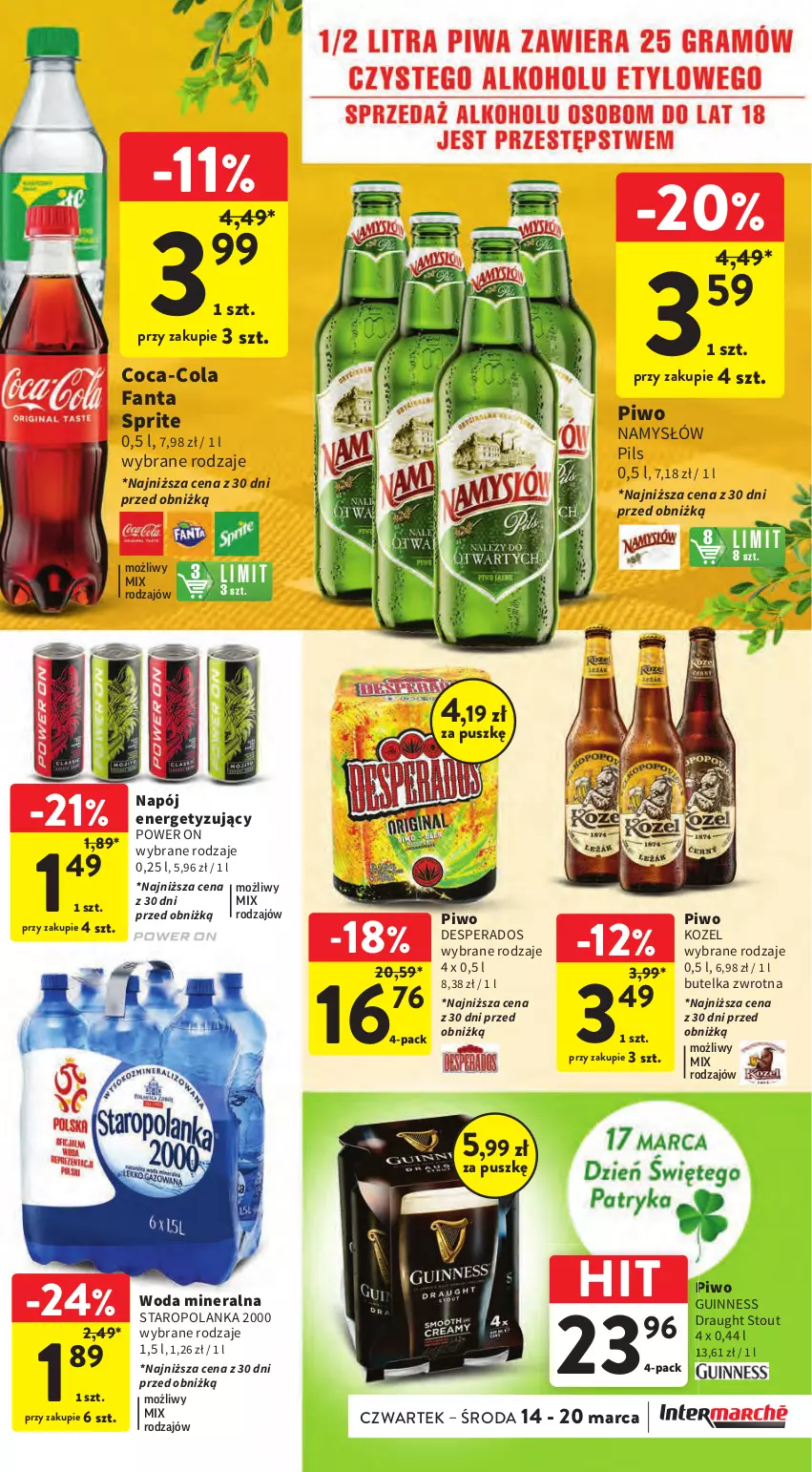 Gazetka promocyjna Intermarche - Gazetka Intermarche - ważna 14.03 do 20.03.2024 - strona 39 - produkty: Coca-Cola, Desperados, Fa, Fanta, Kozel, Namysłów, Napój, Piwo, Sprite, Staropolanka, Woda, Woda mineralna