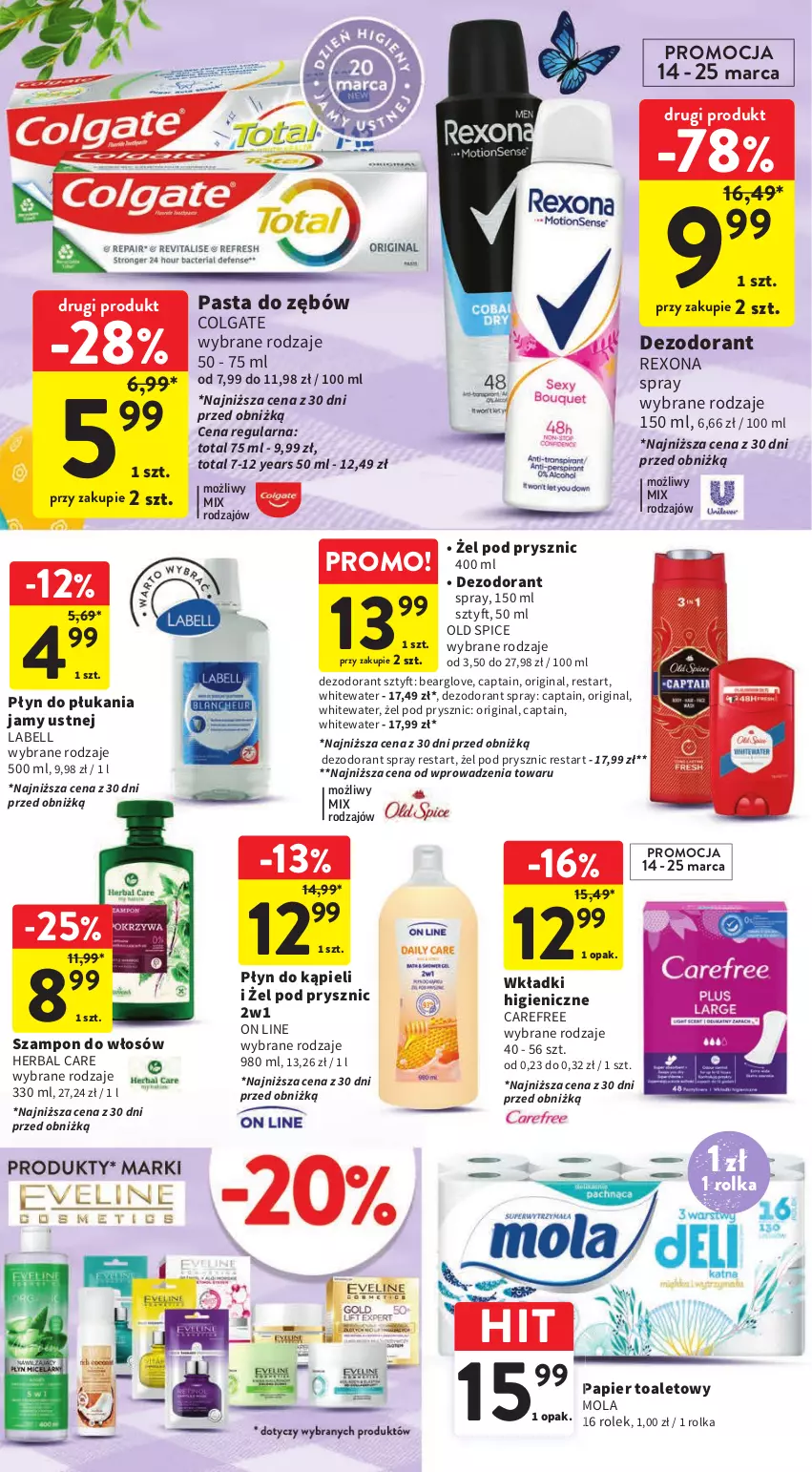 Gazetka promocyjna Intermarche - Gazetka Intermarche - ważna 14.03 do 20.03.2024 - strona 41 - produkty: Bell, Carefree, Colgate, Dezodorant, Gin, LG, Mola, Old Spice, Papier, Papier toaletowy, Pasta do zębów, Płyn do kąpieli, Płyn do płukania, Płyn do płukania jamy ustnej, Rexona, Szampon, Wkładki