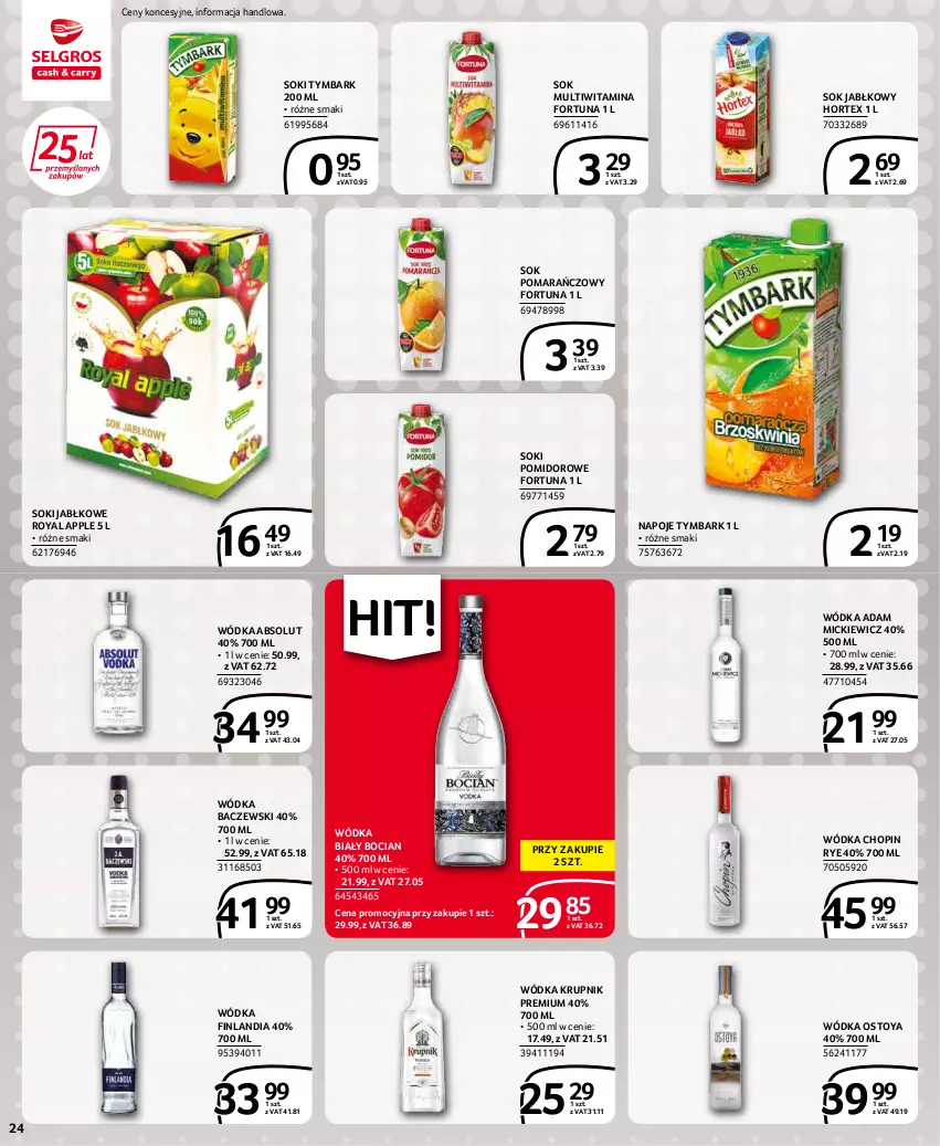 Gazetka promocyjna Selgros - Extra Oferta - ważna 01.03 do 31.03.2022 - strona 24 - produkty: Absolut, Biały Bocian, Finlandia, Fortuna, Hortex, Krupnik, Napoje, Sok, Sok jabłkowy, Sok pomarańczowy, Tymbark, Wódka