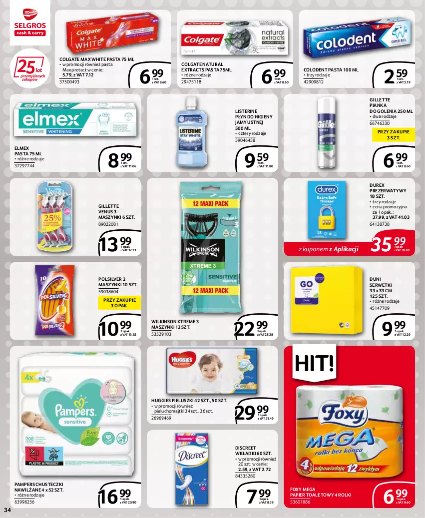 Gazetka promocyjna Selgros - Extra Oferta - ważna 01.03 do 31.03.2022 - strona 34 - produkty: Chusteczki, Colgate, Discreet, Durex, Elmex, Foxy, Gillette, Gillette Venus, Huggies, LG, Listerine, Majtki, Pampers, Papier, Papier toaletowy, Pianka do golenia, Pieluchomajtki, Prezerwatyw, Rolki, Ser, Serwetki, Venus, Wkładki