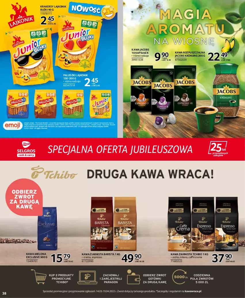 Gazetka promocyjna Selgros - Extra Oferta - ważna 01.03 do 31.03.2022 - strona 38 - produkty: Jacobs, Jacobs Krönung, Kawa, Kawa mielona, Kawa rozpuszczalna, Kawa ziarnista, Krakersy, Lajkonik, Tchibo