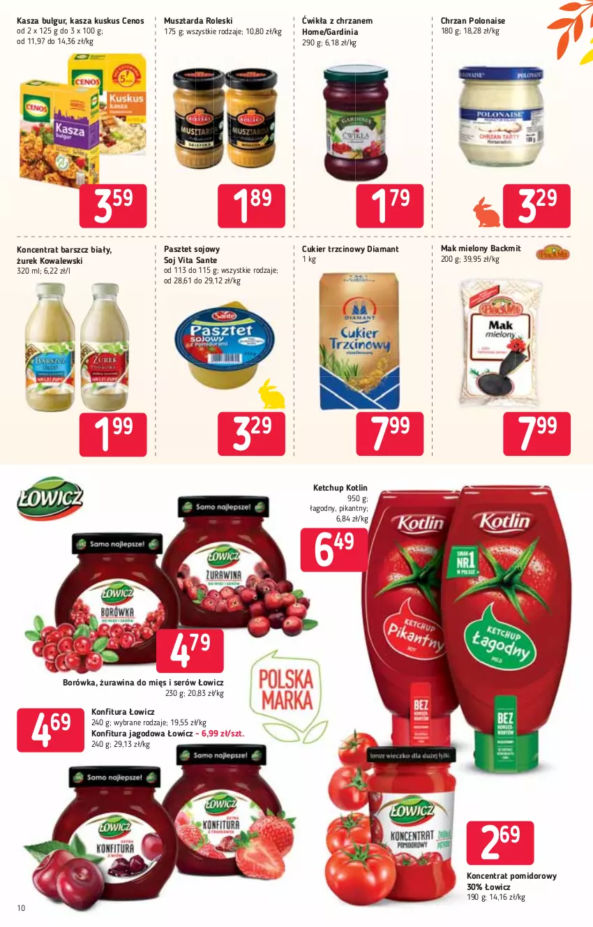 Gazetka promocyjna Stokrotka - Supermarket - ważna 18.03 do 24.03.2021 - strona 10 - produkty: Borówka, Bulgur, Cenos, Chrzan, Cukier, Cukier trzcinowy, Diamant, Kasza, Ketchup, Koncentrat pomidorowy, Kotlin, Kuskus, LG, Mak mielony, Mus, Musztarda, Pasztet, Sante, Ser