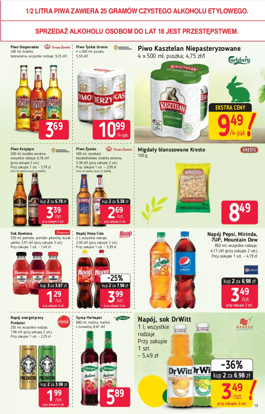 Gazetka promocyjna Stokrotka - Supermarket - ważna 18.03 do 24.03.2021 - strona 13 - produkty: 7up, Dawtona, Desperados, Gra, Herbapol, Hoop, Kasztelan, Książęce, Migdały, Mirinda, Napój, Napój energetyczny, Pepsi, Piwa, Piwo, Sok, Syrop, Tyskie