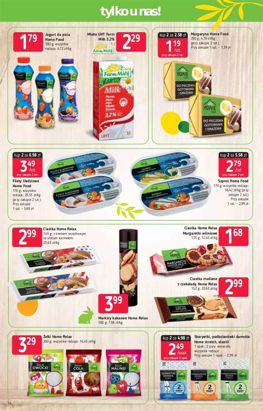 Gazetka promocyjna Stokrotka - Supermarket - ważna 18.03 do 24.03.2021 - strona 14 - produkty: Ciastka, Fa, Farm Milk, Jogurt, Kakao, Karp, Margaryna, Mleko, Skarpetki, Szprot, Woreczek