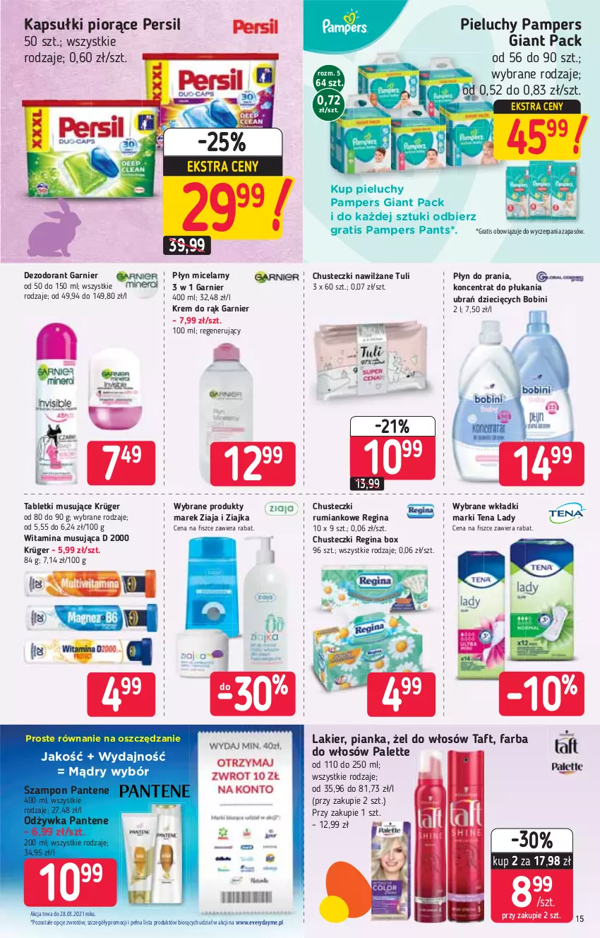 Gazetka promocyjna Stokrotka - Supermarket - ważna 18.03 do 24.03.2021 - strona 15 - produkty: Chusteczki, Dezodorant, Dzieci, Fa, Farba do włosów, Garnier, Gin, Gra, Krem do rąk, Lakier, Mus, Odżywka, Palette, Pampers, Pantene, Persil, Pieluchy, Płyn do prania, Płyn micelarny, Rum, Szampon, Tablet, Tabletki musujące, Taft, Wkładki, Ziaja, Ziajka