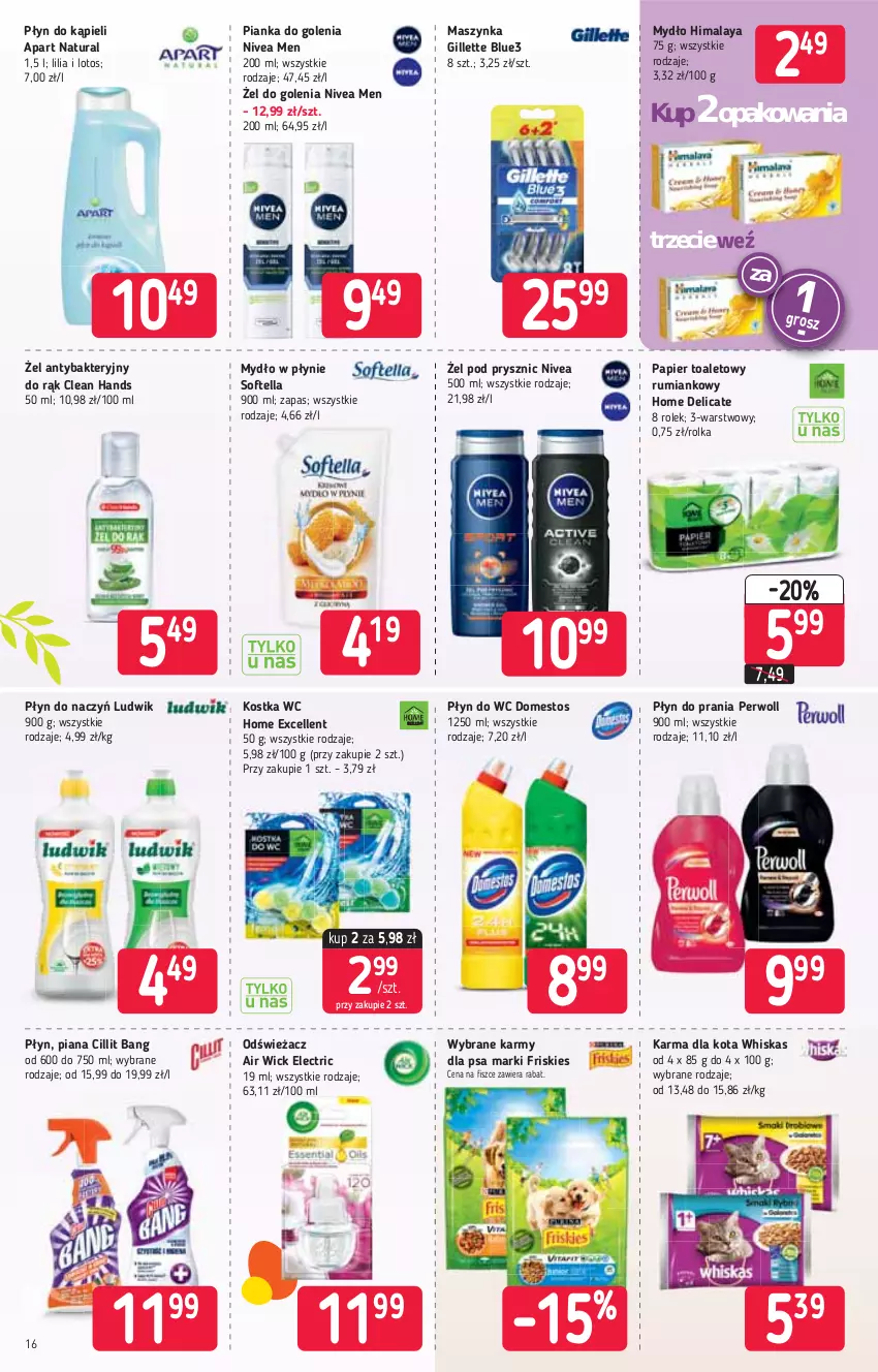 Gazetka promocyjna Stokrotka - Supermarket - ważna 18.03 do 24.03.2021 - strona 16 - produkty: Air Wick, Cillit Bang, Domestos, Friskies, Gillette, Himalaya, Ludwik, Maszynka, Mydło, Mydło w płynie, Nivea, Nivea Men, Papier, Papier toaletowy, Perwoll, Pianka do golenia, Płyn do kąpieli, Płyn do prania, Płyn do wc, Rum, Szynka, Whiskas