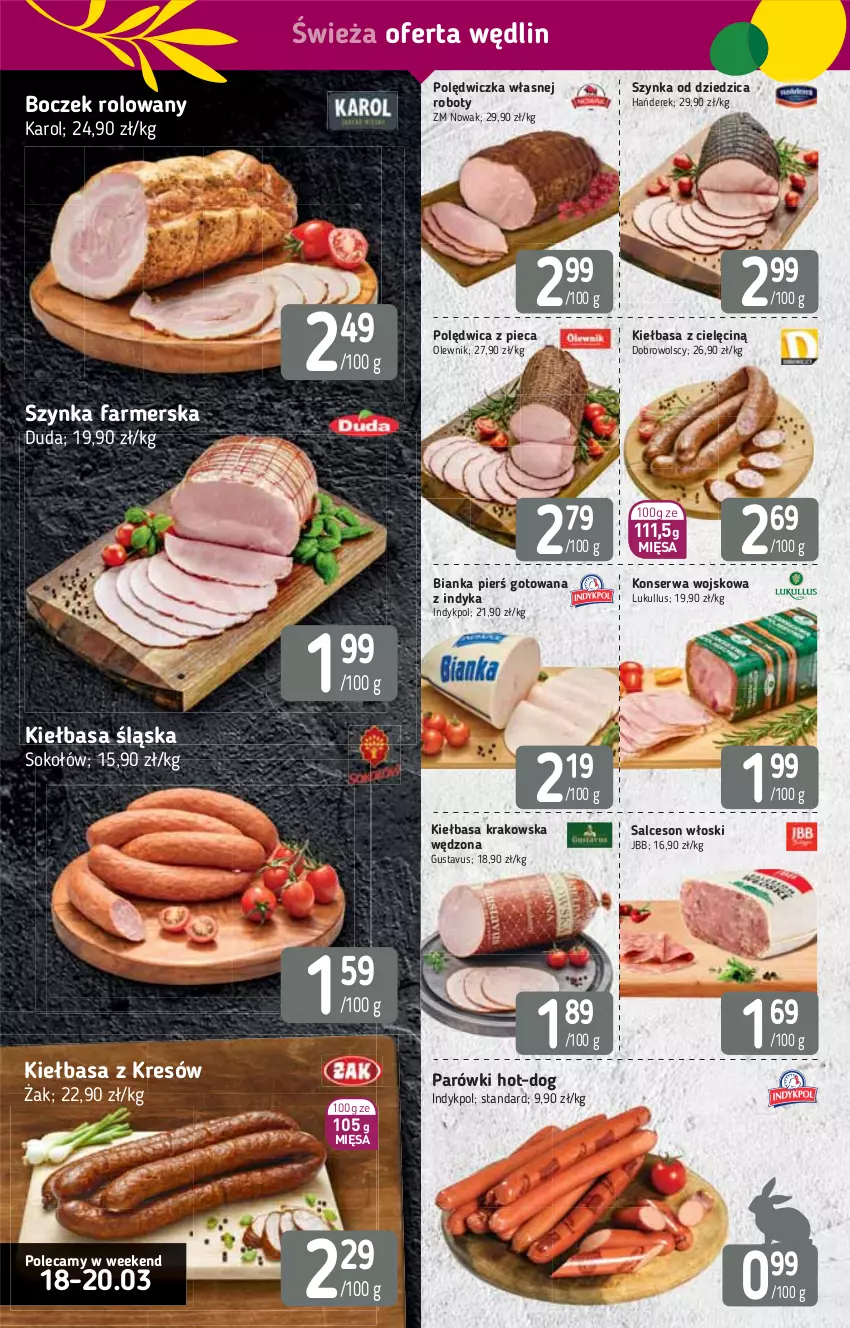 Gazetka promocyjna Stokrotka - Supermarket - ważna 18.03 do 24.03.2021 - strona 4 - produkty: Bianka, Boczek, Duda, Fa, Kiełbasa, Kiełbasa krakowska, Kiełbasa śląska, NOWAK, Olewnik, Parówki, Piec, Polędwica, Robot, Salceson, Ser, Sok, Sokołów, Szynka, Szynka farmerska