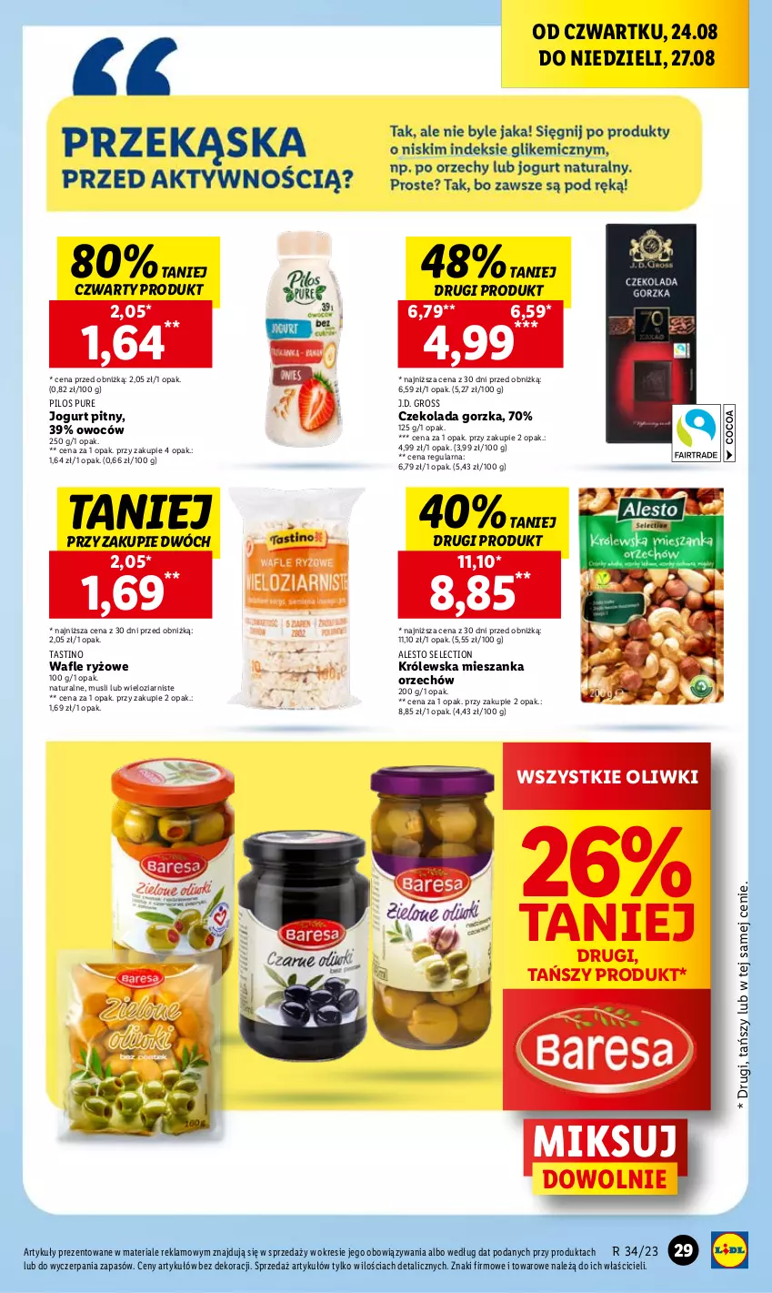 Gazetka promocyjna Lidl - GAZETKA - ważna 24.08 do 27.08.2023 - strona 47 - produkty: Czekolada, Czekolada gorzka, Jogurt, Jogurt pitny, Mus, Oliwki, Pilos, Pur, Ryż, Wafle