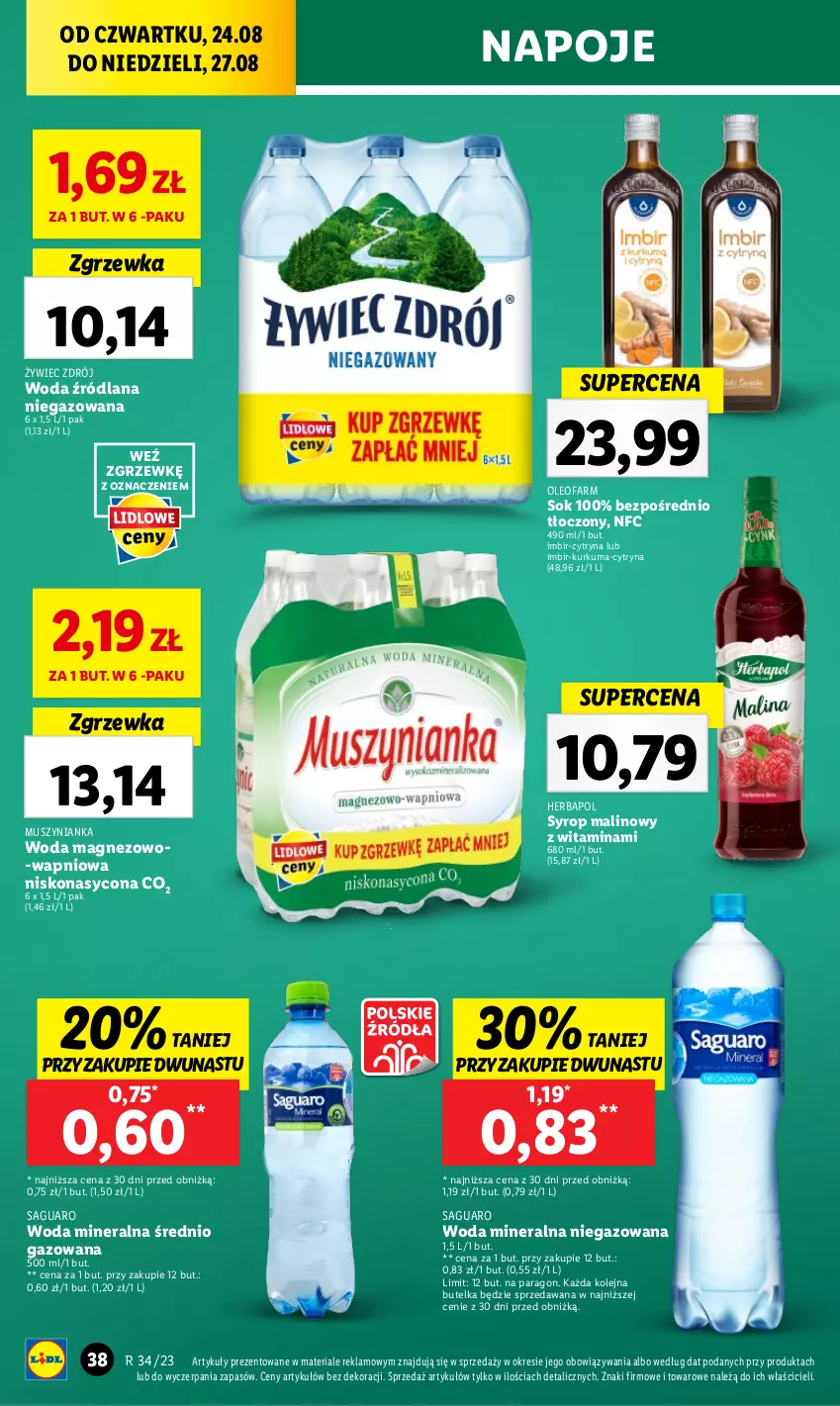 Gazetka promocyjna Lidl - GAZETKA - ważna 24.08 do 27.08.2023 - strona 56 - produkty: Fa, Herbapol, Imbir, Kurkuma, LANA, Magnez, Mus, Muszynianka, Napoje, Olej, Oleo, Oleofarm, Sok, Syrop, Woda, Woda mineralna